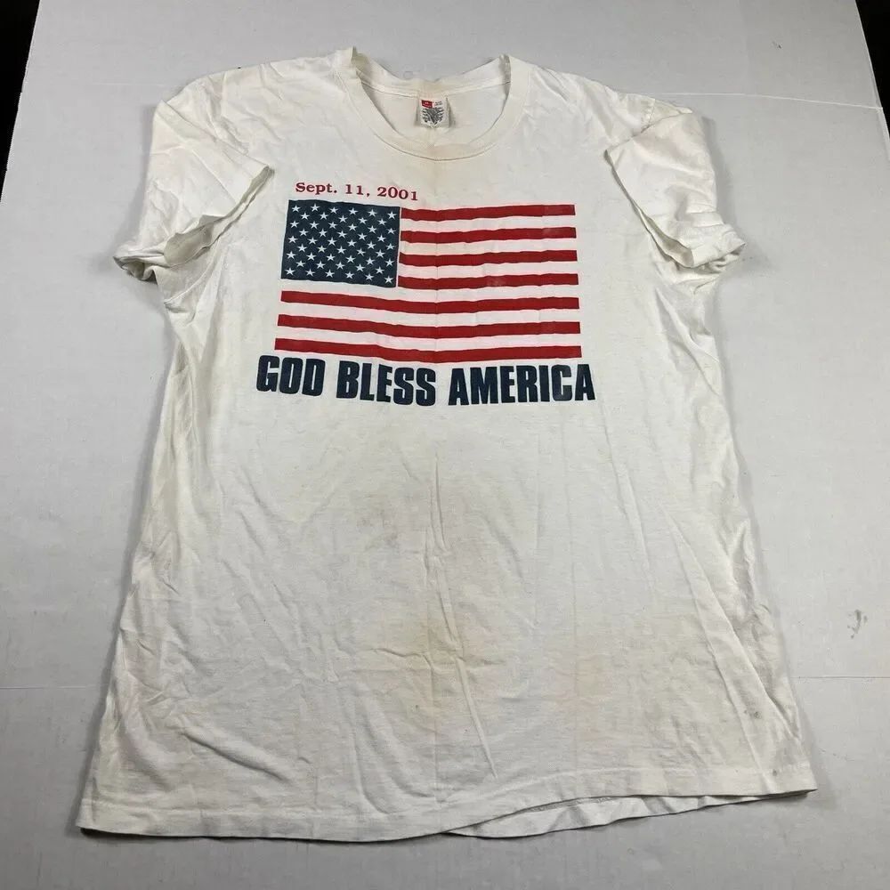 Hanes VINTAGE 9/11 T-Shirt White Short Sleeve Patriotic Crew Neck Tee XL FLAWS